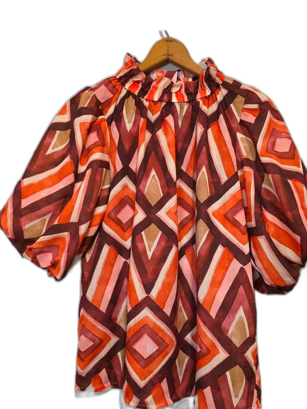 NWOT THML "Tanya" Geometric Top Ruffled Neck Puff Sleeves Boho Blouse Medium